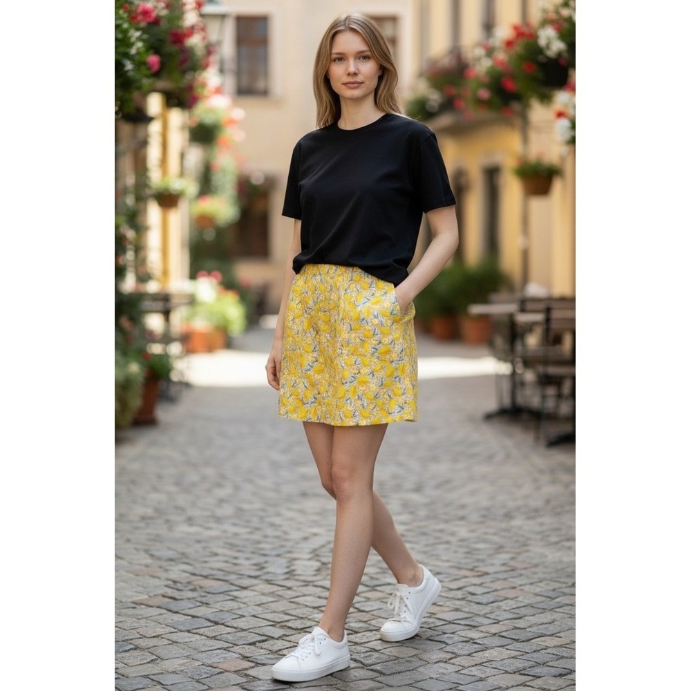 Lands' End Womens Skirt Size 16W Yellow Lemon Gingham Skater Pull On preppy plus